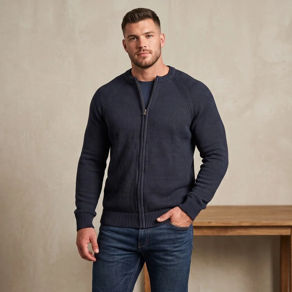 Lands End Mens XL Navy Blue Cotton Modal Full Zip Cardigan Sweater Raglan